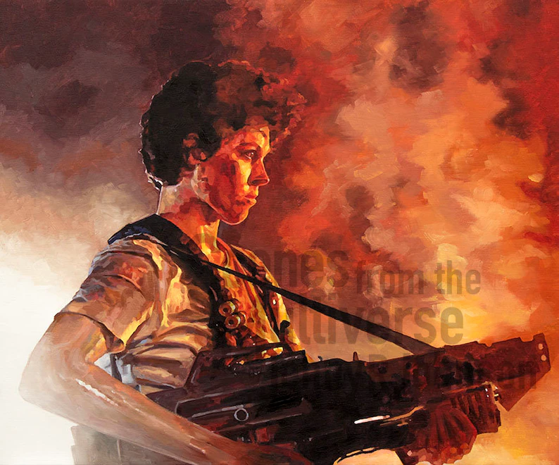 Ellen Ripley holding weapon in Alien movie scene