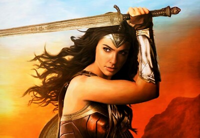 Gal Gadot as Wonder Woman holding shield and sword