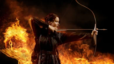 Katniss Everdeen aiming bow in The Hunger Games